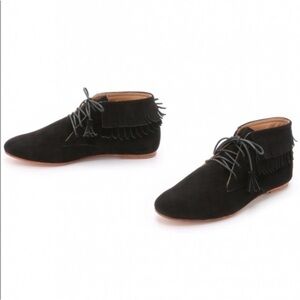 Ulla Johnson Adelaide Black Suede Lace Up Fringe Moccasin Booties Size 35
